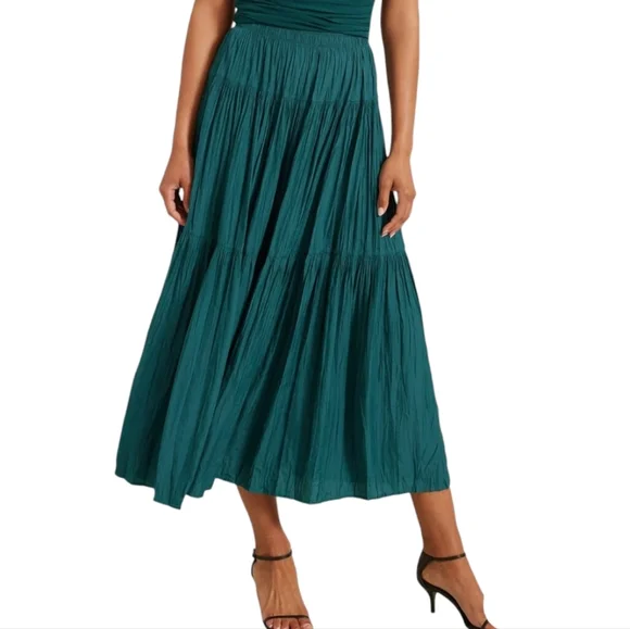 Modern Citizen Green Galena Tiered Ruched Midi Skirt - Size Large - Picture 1 of 6